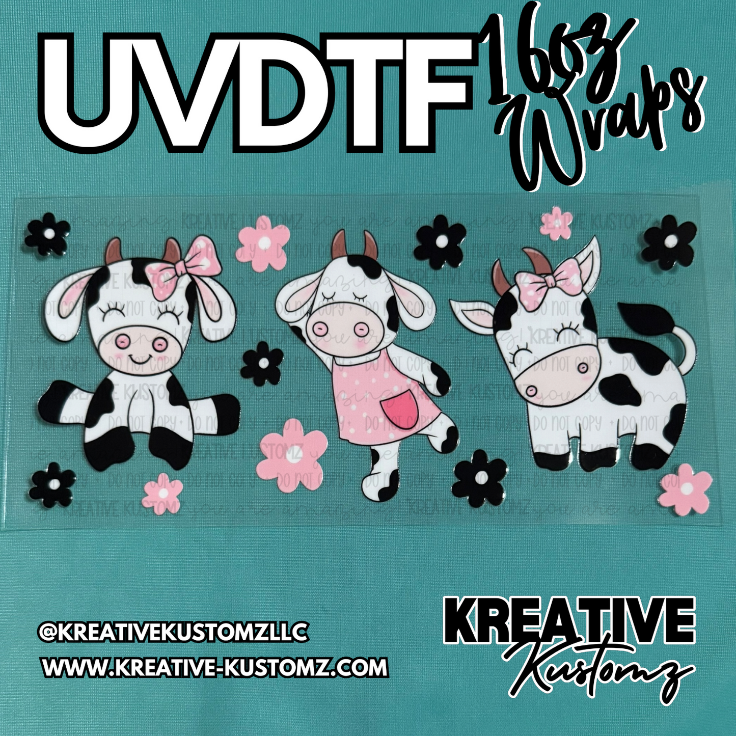 A UV DTF cup wrap featuring three cartoon cows and flowers on a clear backing.