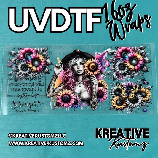 A UV DTF cup wrap featuring a woman with sunflowers, butterflies, and an inspirational quote.