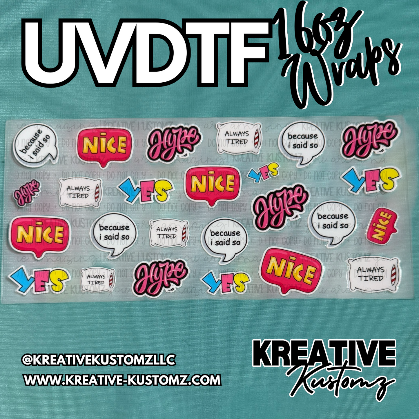 A sheet of UV DTF adhesive decals featuring various text designs like Hype, Nice, and Yes.