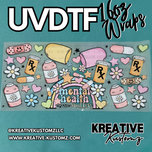 A mental health themed UV DTF adhesive wrap featuring pills, flowers, and a rainbow design.