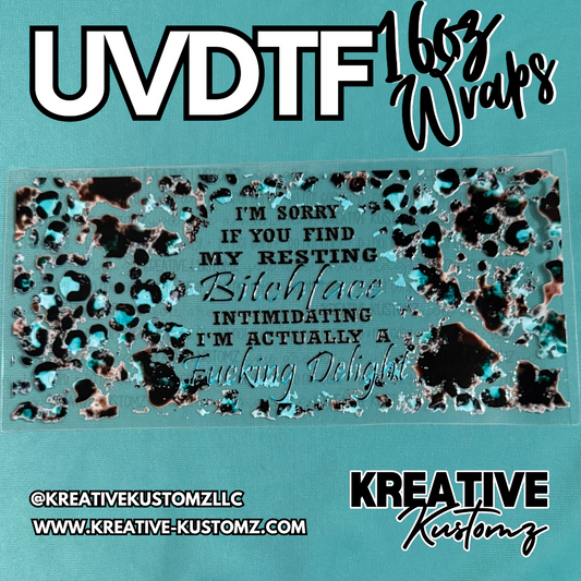 A rectangular UV DTF cup wrap featuring a black and teal leopard print with humorous text.