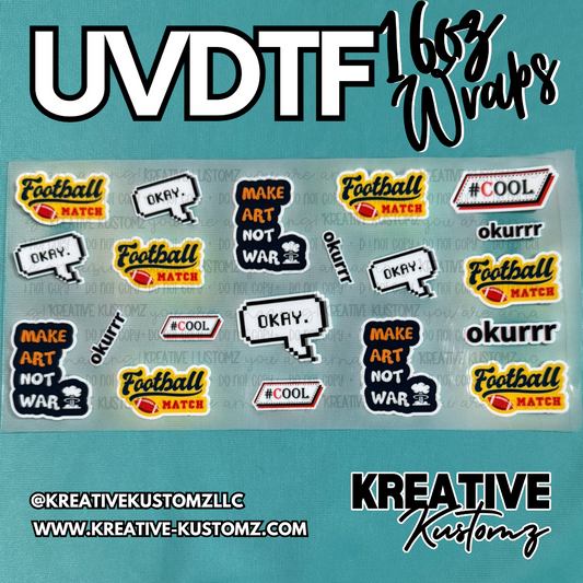 A sheet of UV DTF adhesive decals featuring various text designs for 16oz glass cups.