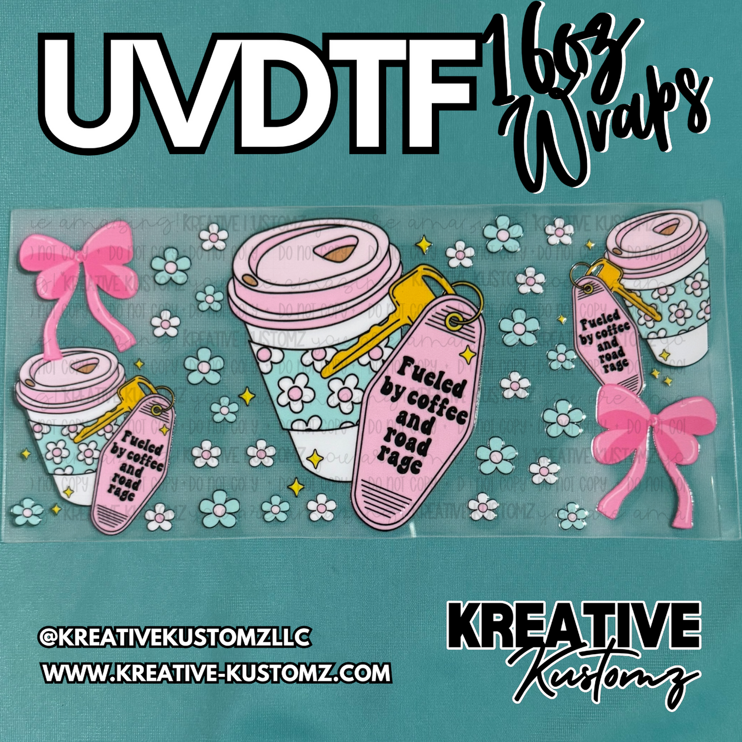A UV DTF cup wrap featuring coffee cups, pink motel keychains, and flowers on a clear sheet.