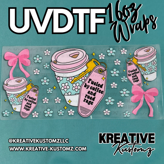 A UV DTF cup wrap featuring coffee cups, pink motel keychains, and flowers on a clear sheet.