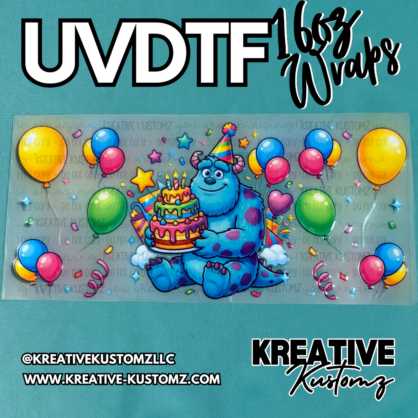 A UV DTF adhesive cup wrap featuring a blue monster holding a birthday cake surrounded by balloons.