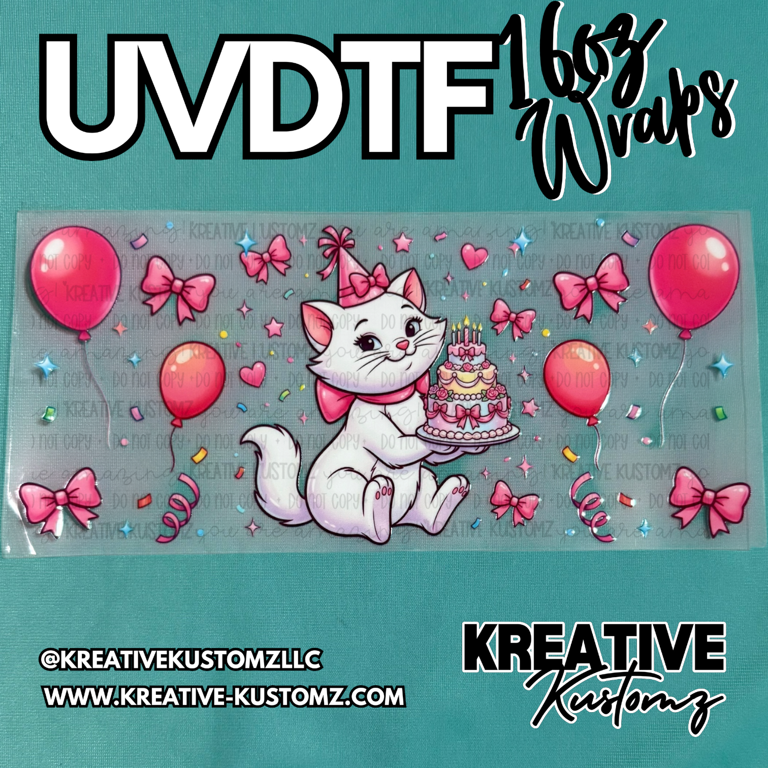 A UV DTF cup wrap featuring a cartoon white cat holding a birthday cake with pink bows and balloons.