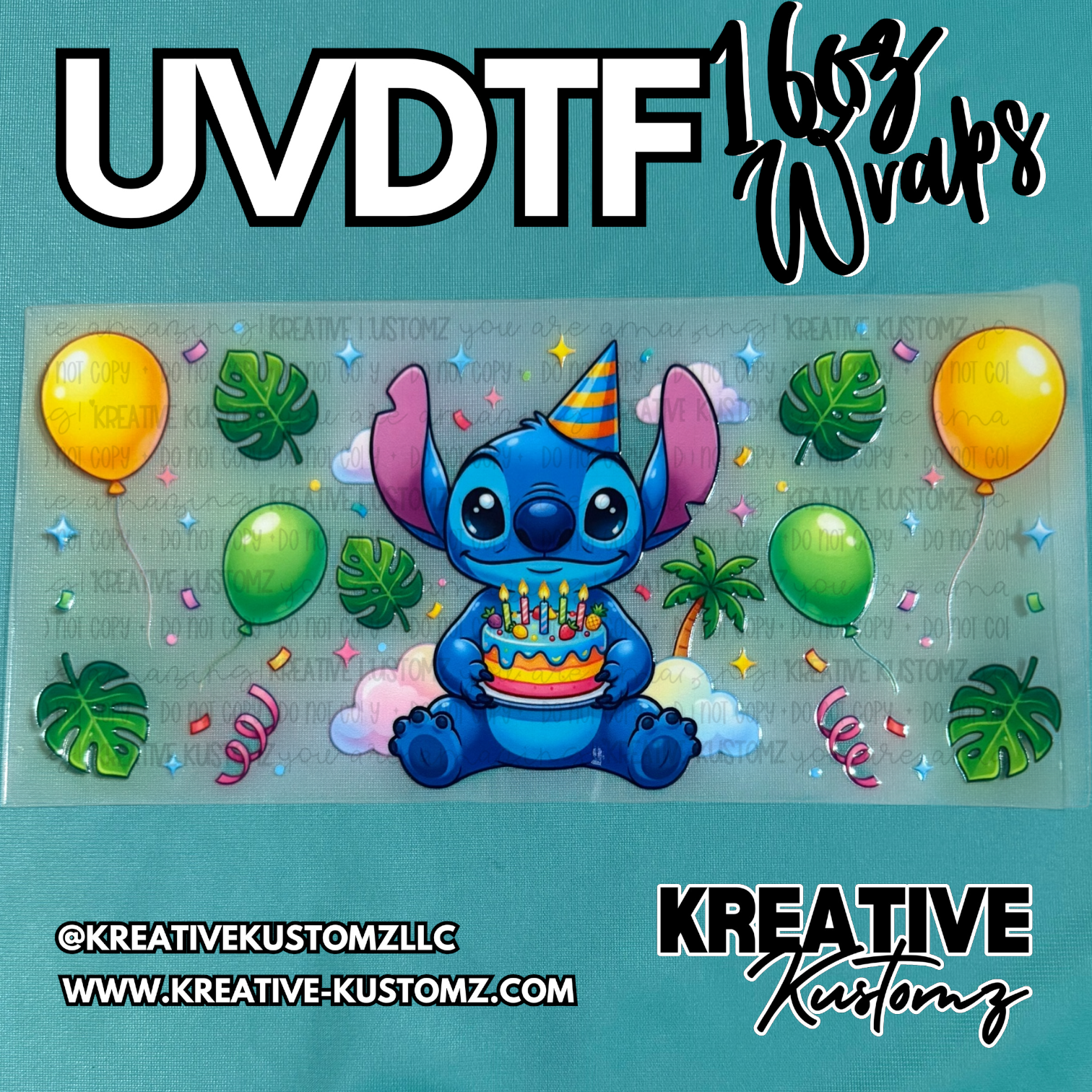 A Stitch themed UV DTF adhesive wrap for a 16oz glass cup featuring balloons and tropical leaves.