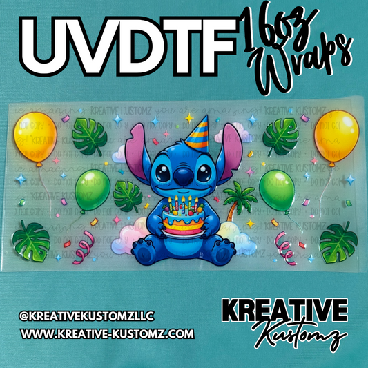 A Stitch themed UV DTF adhesive wrap for a 16oz glass cup featuring balloons and tropical leaves.