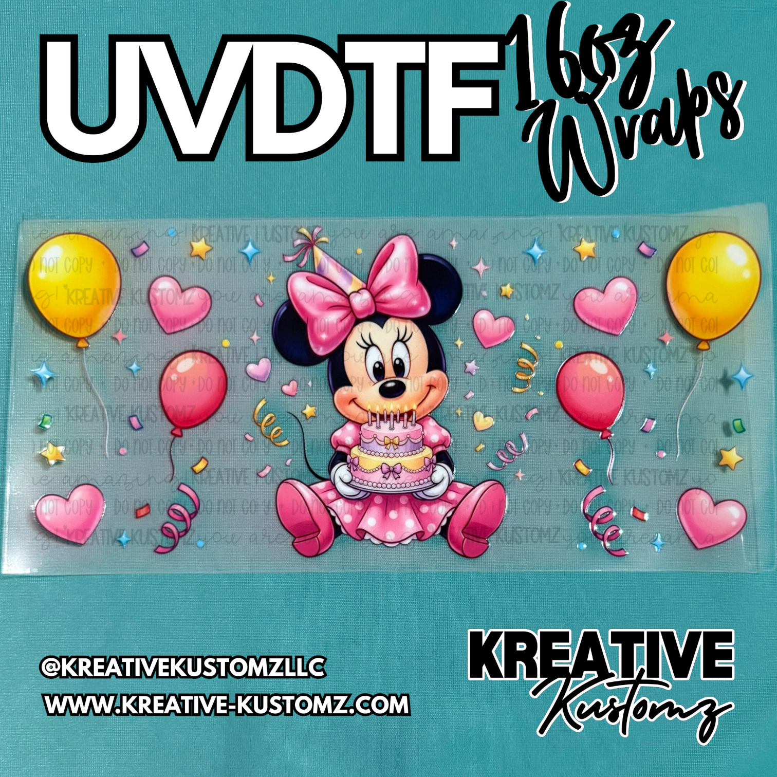 A UV DTF cup wrap featuring Minnie Mouse with a birthday cake and balloons on a clear sheet.