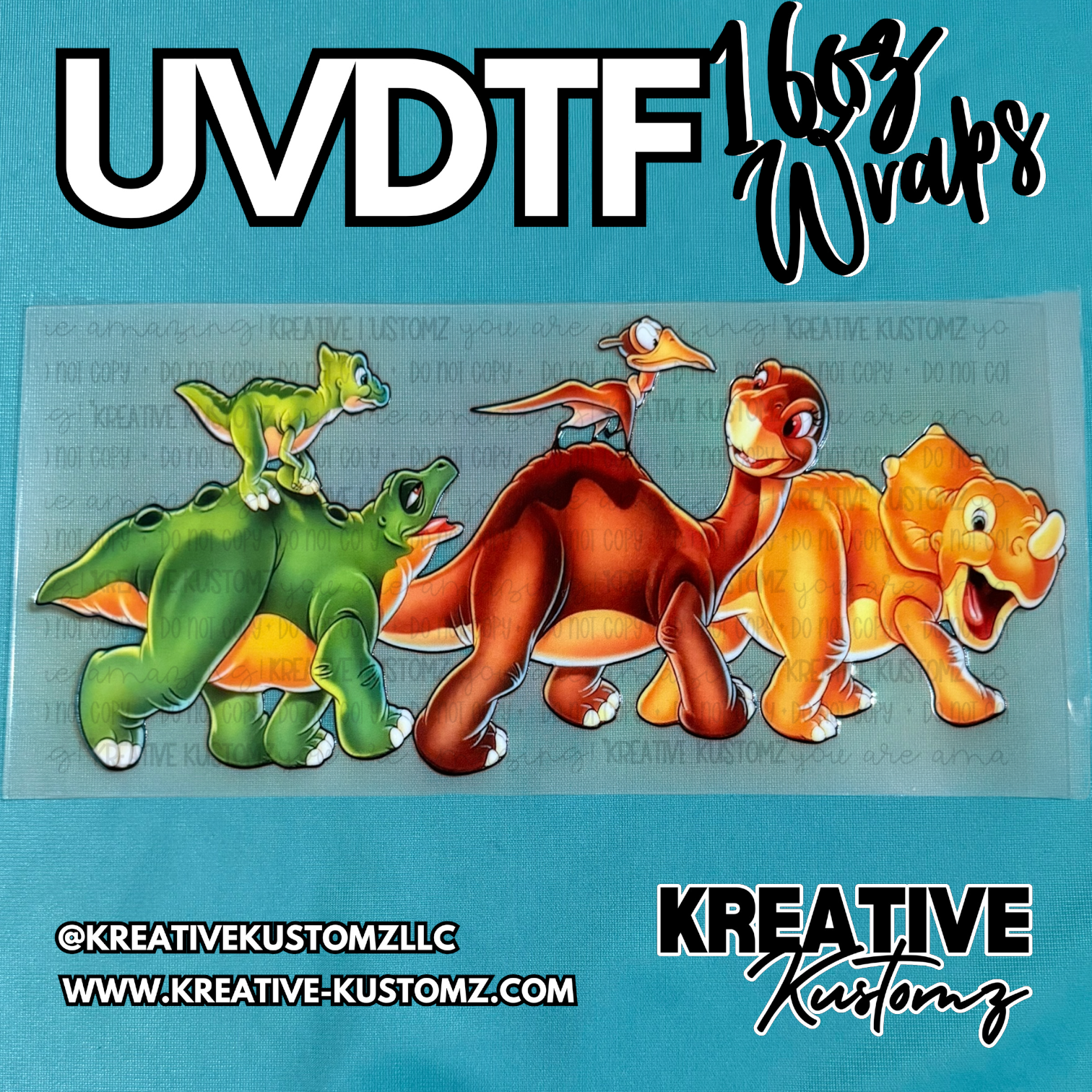 A UV DTF adhesive cup wrap featuring cartoon dinosaurs from The Land Before Time.