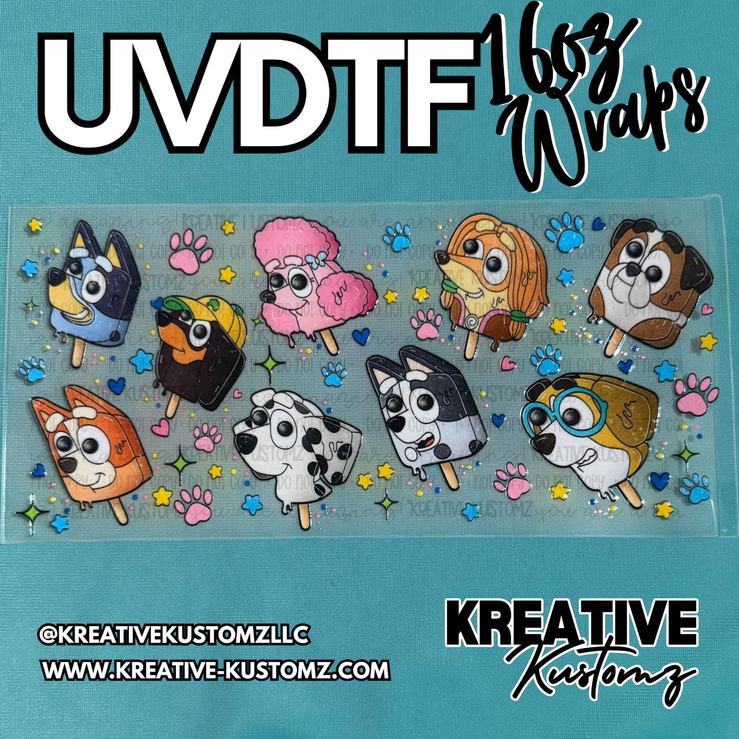 A UV DTF adhesive cup wrap featuring cartoon dog-shaped popsicles and colorful paw prints.