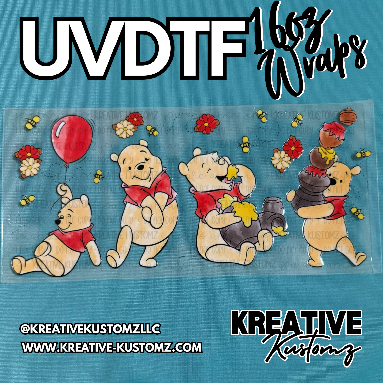 A UV DTF adhesive cup wrap featuring Winnie the Pooh characters, flowers, and bees.