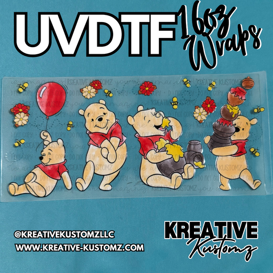 A UV DTF adhesive cup wrap featuring Winnie the Pooh characters, flowers, and bees.