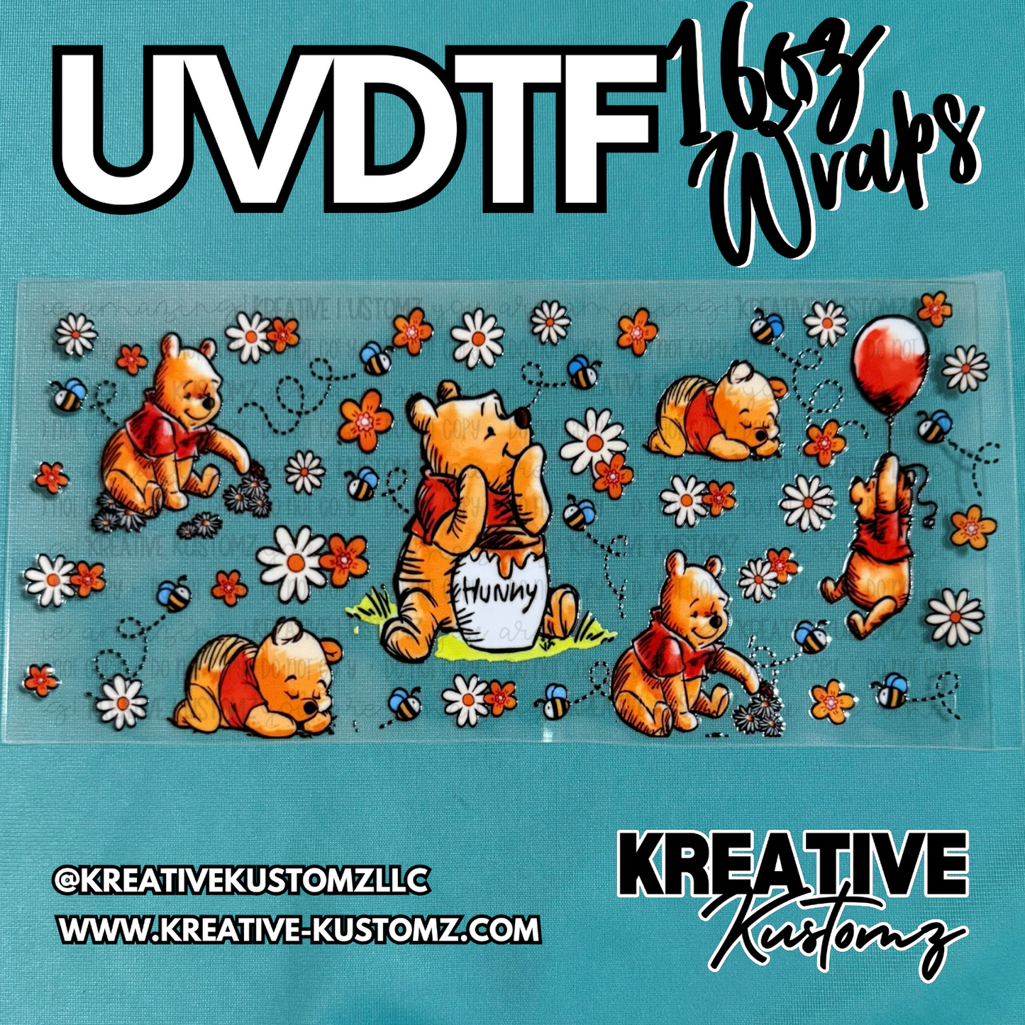 A clear adhesive cup wrap featuring Winnie the Pooh, bees, and flowers for 16oz glass cans.