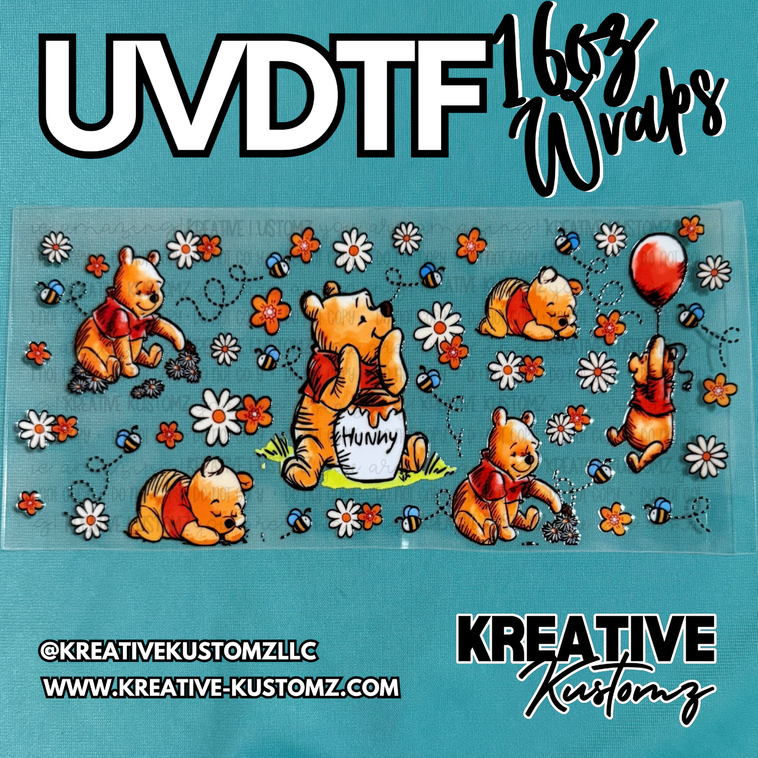 A clear adhesive cup wrap featuring Winnie the Pooh, bees, and flowers for 16oz glass cans.