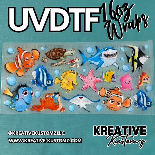 A sheet of UV DTF adhesive cup wraps featuring various colorful cartoon sea creatures.