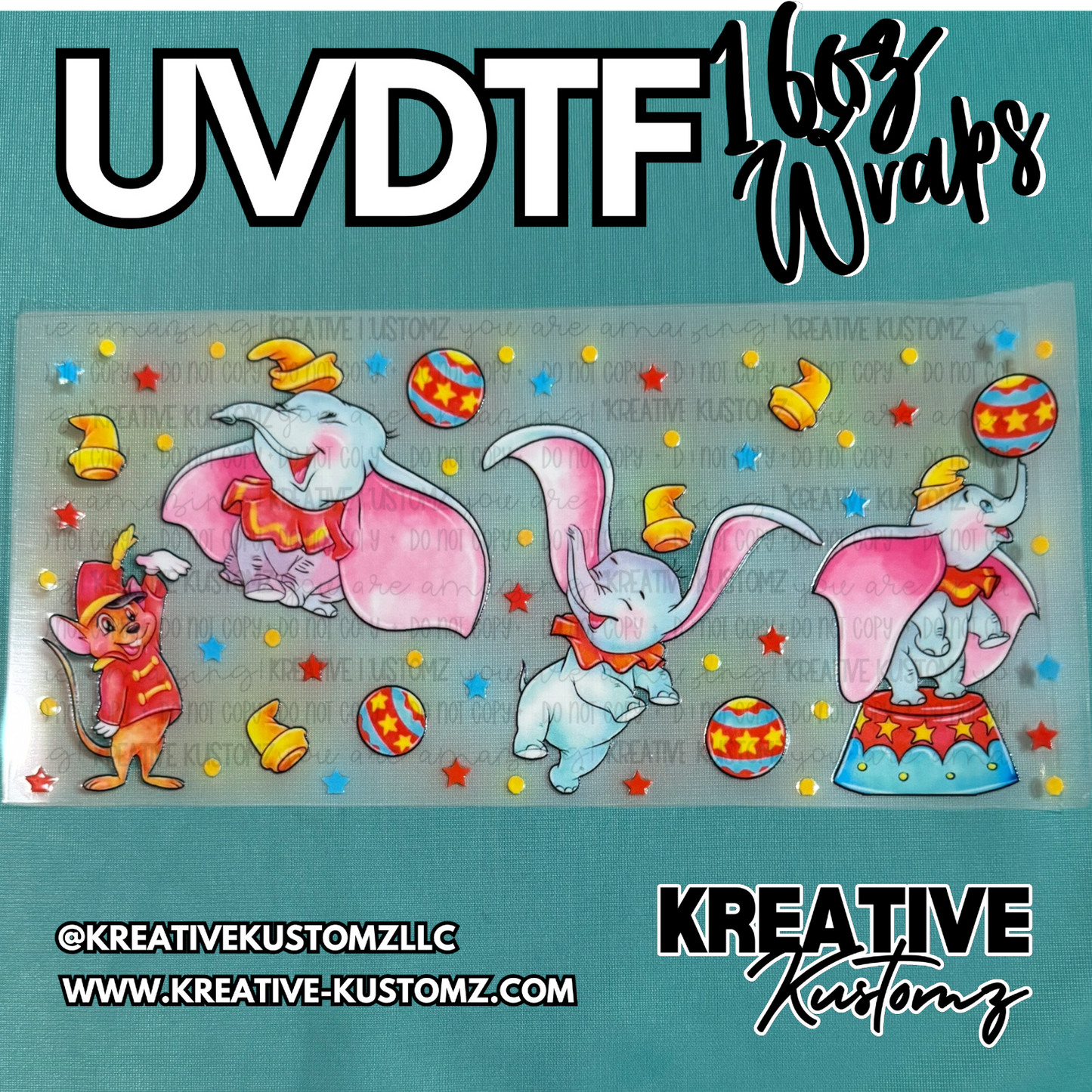 A Dumbo themed UV DTF adhesive wrap for 16oz glass cans featuring circus characters and stars.