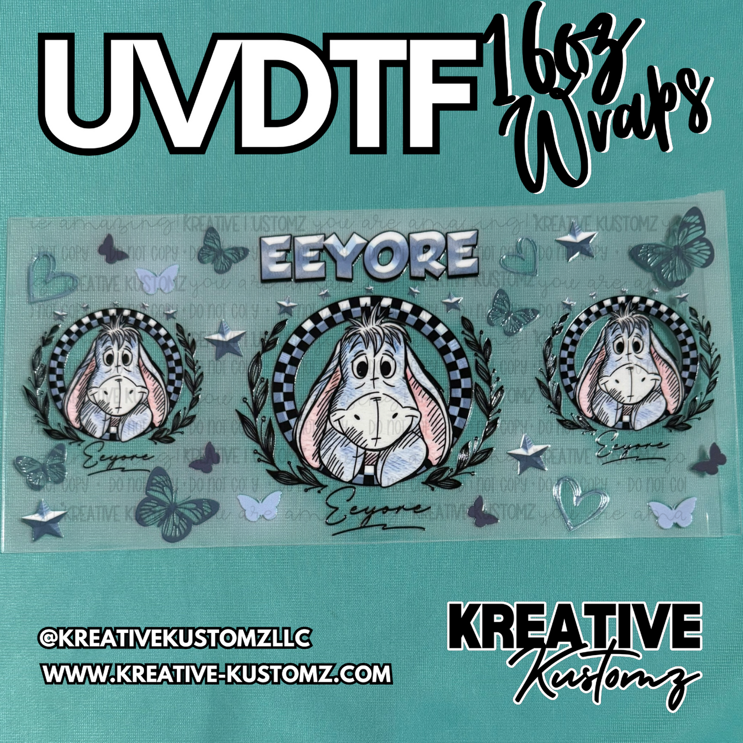 A UV DTF adhesive cup wrap featuring Eeyore illustrations, stars, and butterflies.