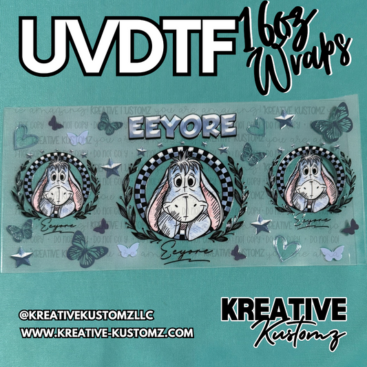 A UV DTF adhesive cup wrap featuring Eeyore illustrations, stars, and butterflies.