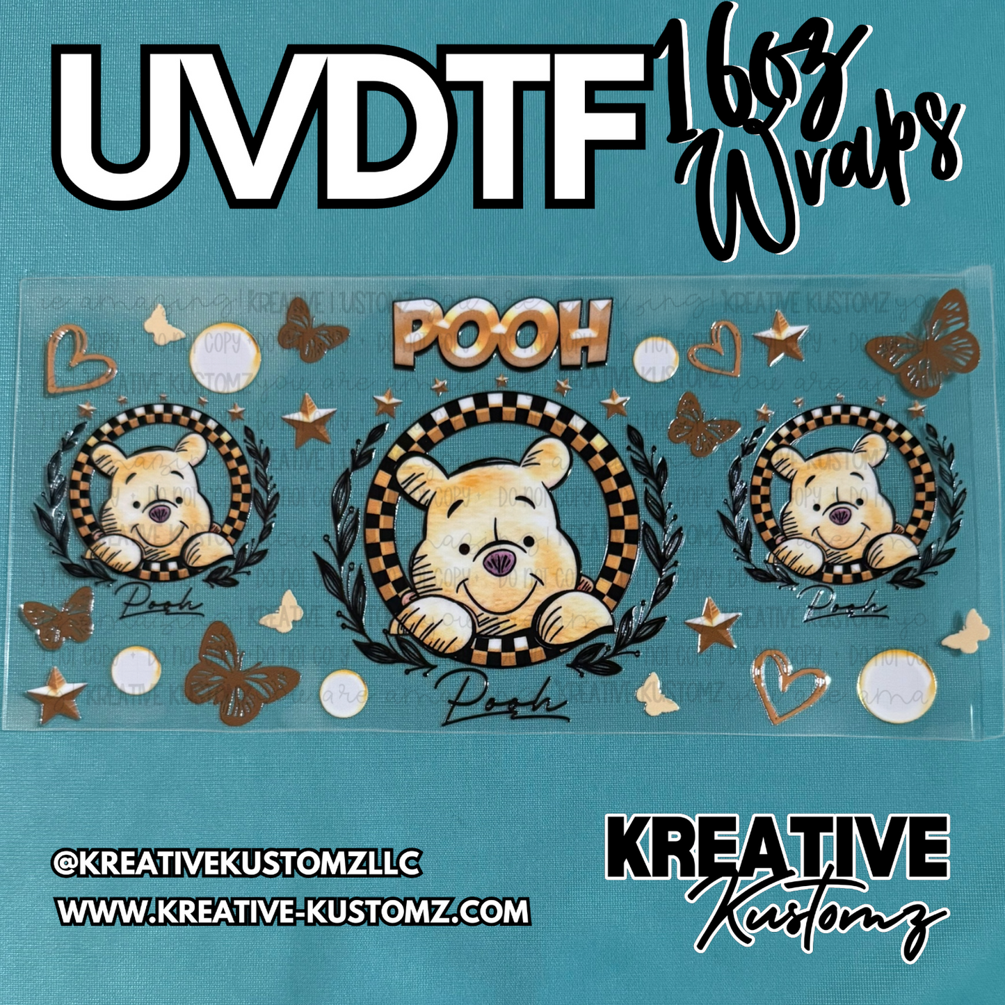 A Winnie the Pooh themed UV DTF adhesive wrap for a 16oz glass cup featuring checkered circles.