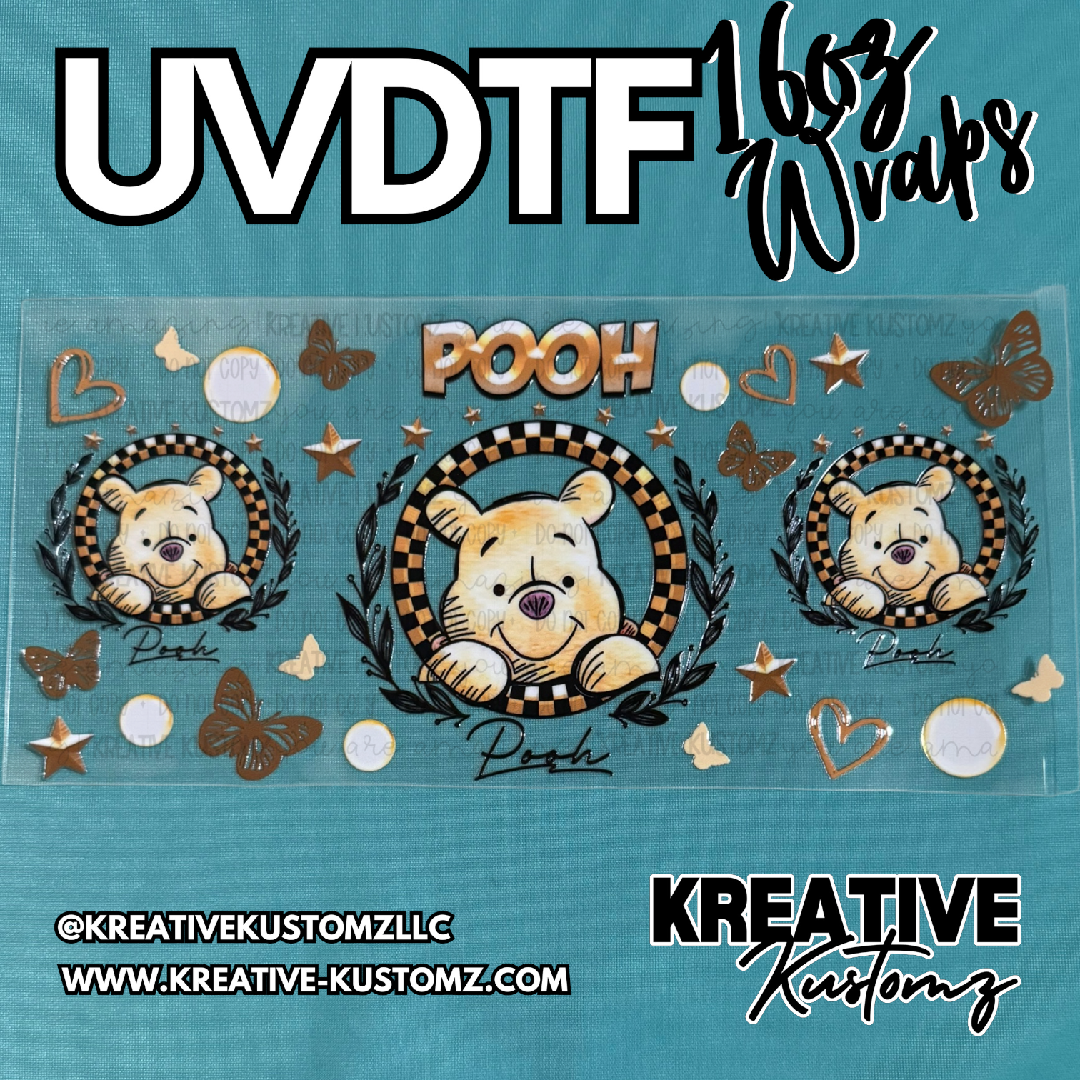 A Winnie the Pooh themed UV DTF adhesive wrap for a 16oz glass cup featuring checkered circles.