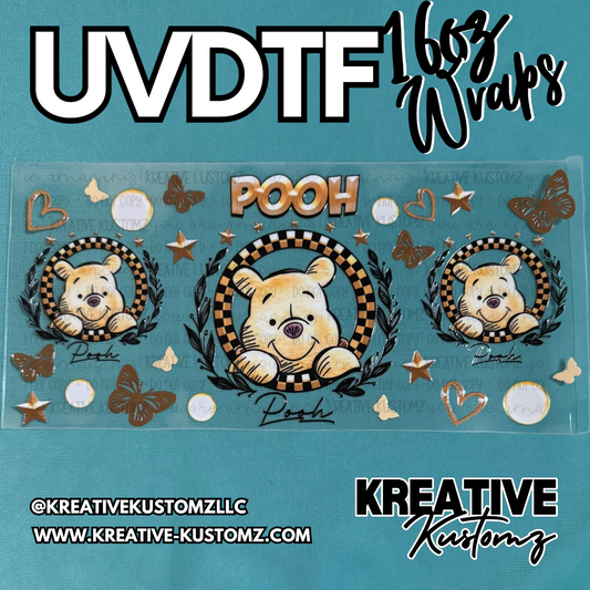 A Winnie the Pooh themed UV DTF adhesive wrap for a 16oz glass cup featuring checkered circles.