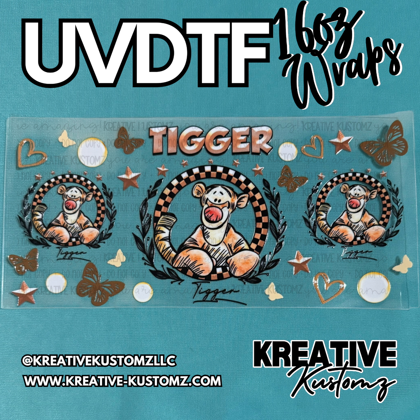 A Tigger themed UV DTF adhesive wrap for 16oz glass cups featuring checkered circular designs.