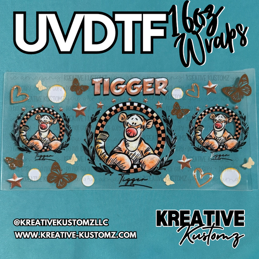 A Tigger themed UV DTF adhesive wrap for 16oz glass cups featuring checkered circular designs.
