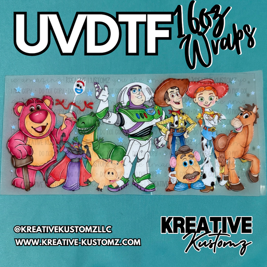 A UV DTF adhesive cup wrap featuring various Toy Story characters on a clear background.