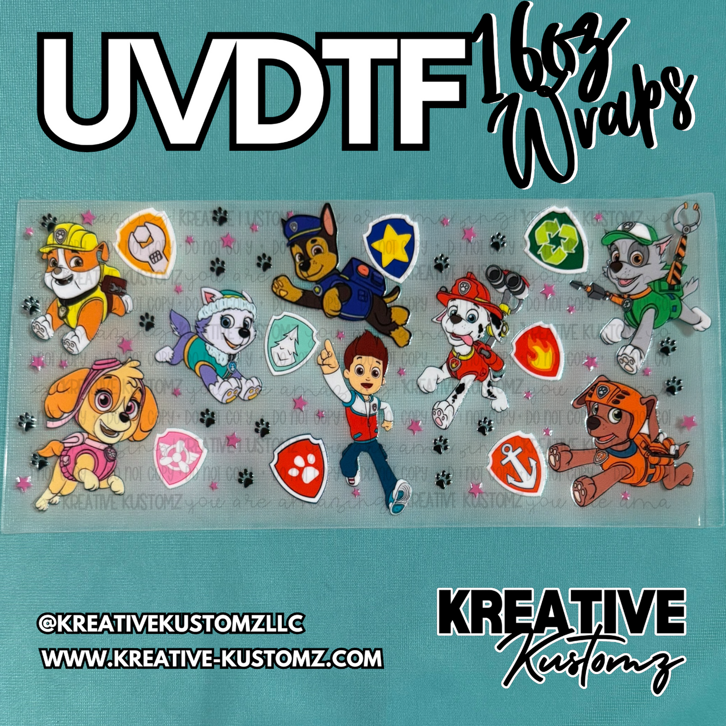 A UV DTF adhesive cup wrap featuring Paw Patrol characters and icons on a clear backing.