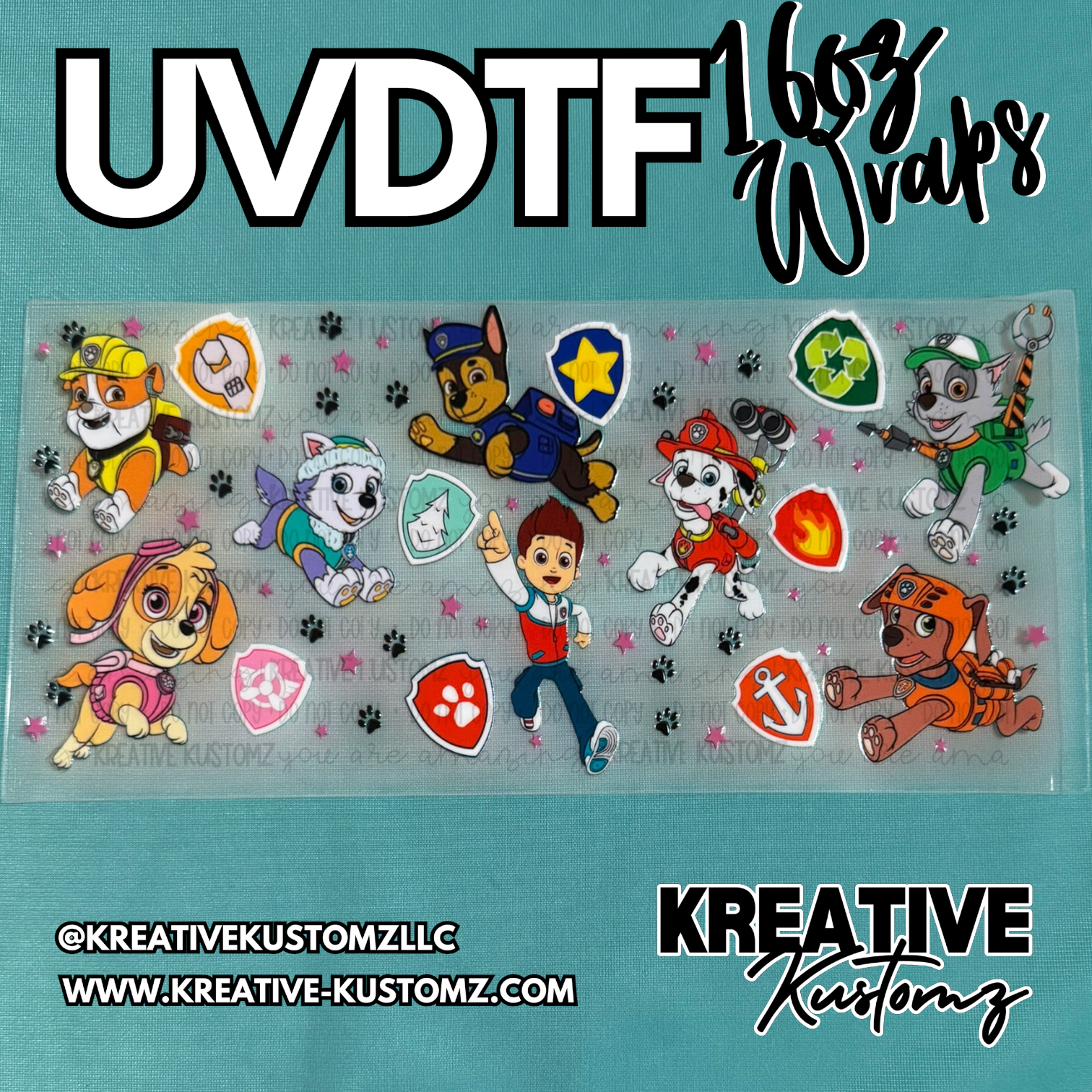 A UV DTF adhesive cup wrap featuring Paw Patrol characters and icons on a clear backing.