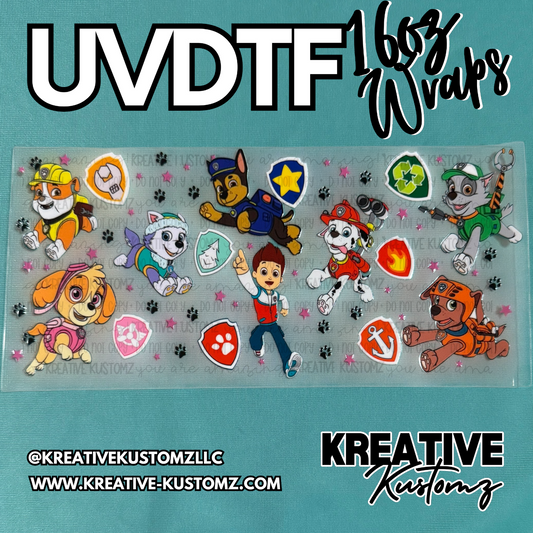 A UV DTF adhesive cup wrap featuring Paw Patrol characters and icons on a clear backing.