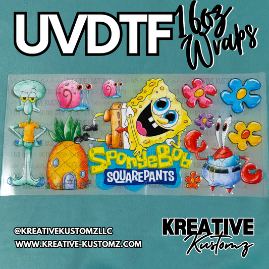 A UV DTF adhesive cup wrap featuring Spongebob Squarepants characters for a 16oz glass can.
