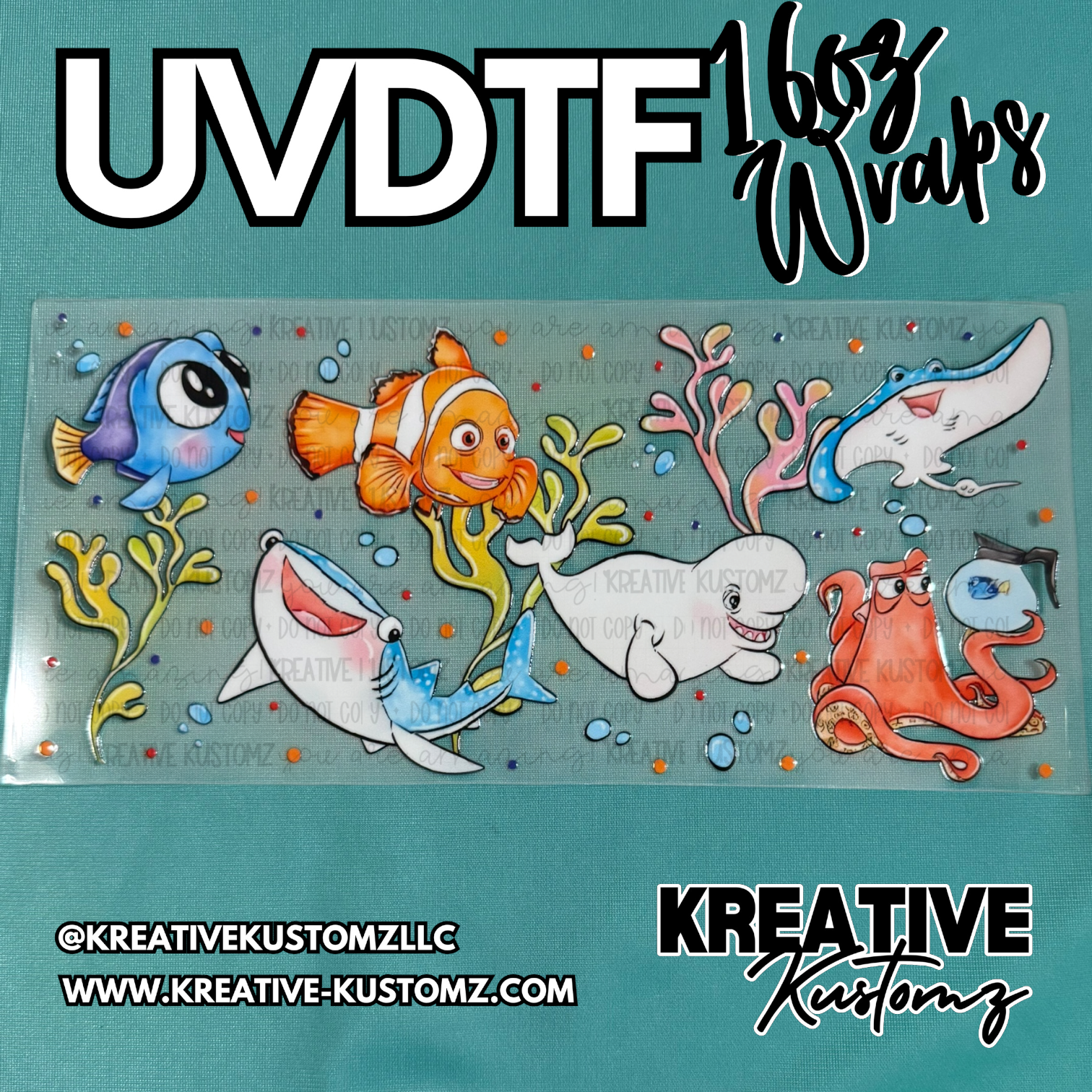 A UV DTF cup wrap featuring cartoon sea creatures on a clear adhesive sheet.