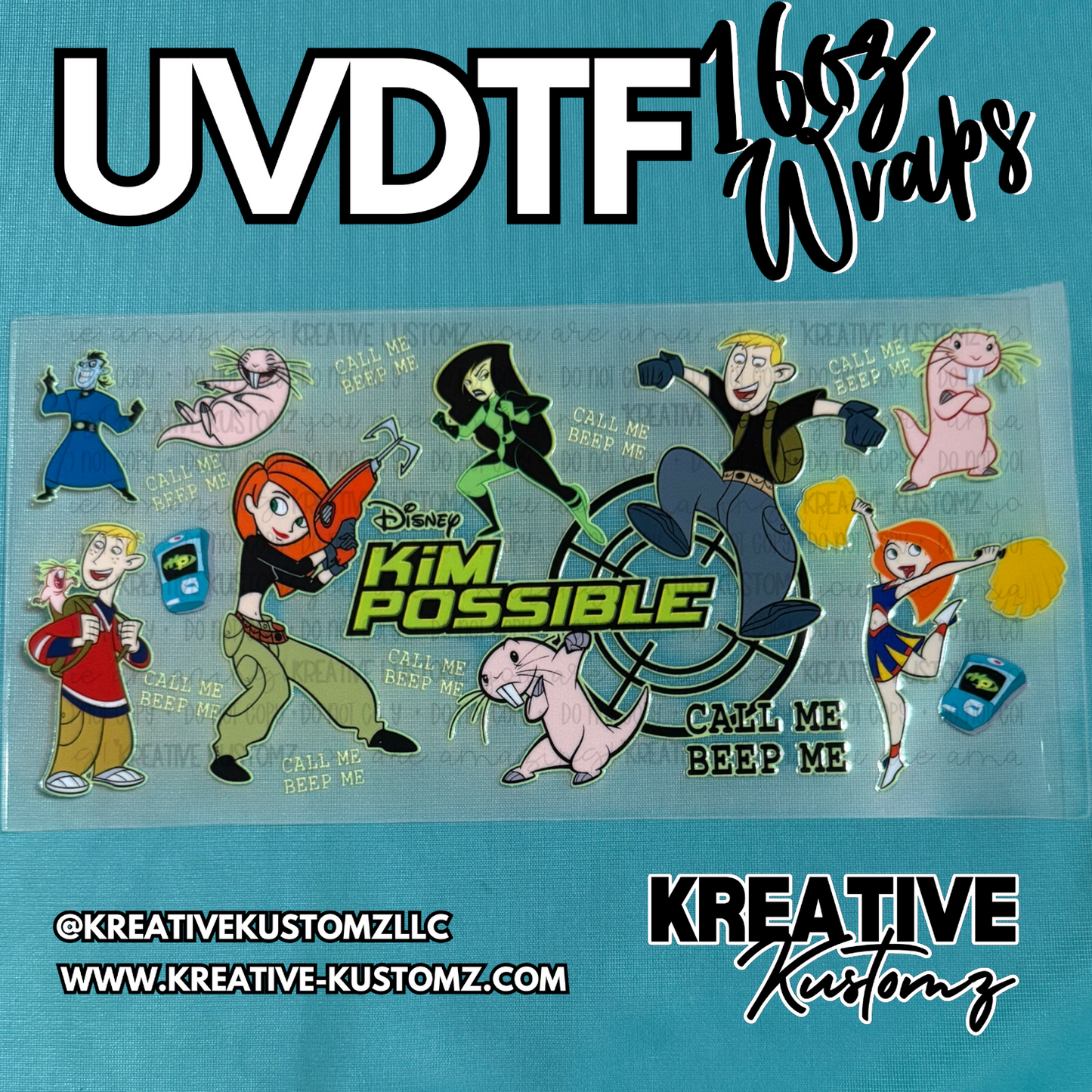 A Kim Possible themed UV DTF adhesive wrap for a 16oz glass cup featuring various characters.