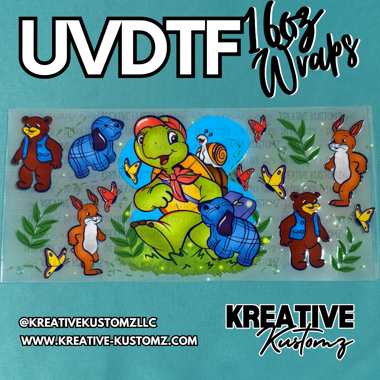 A UV DTF cup wrap featuring a cartoon turtle, rabbits, bears, and butterflies on a clear sheet.