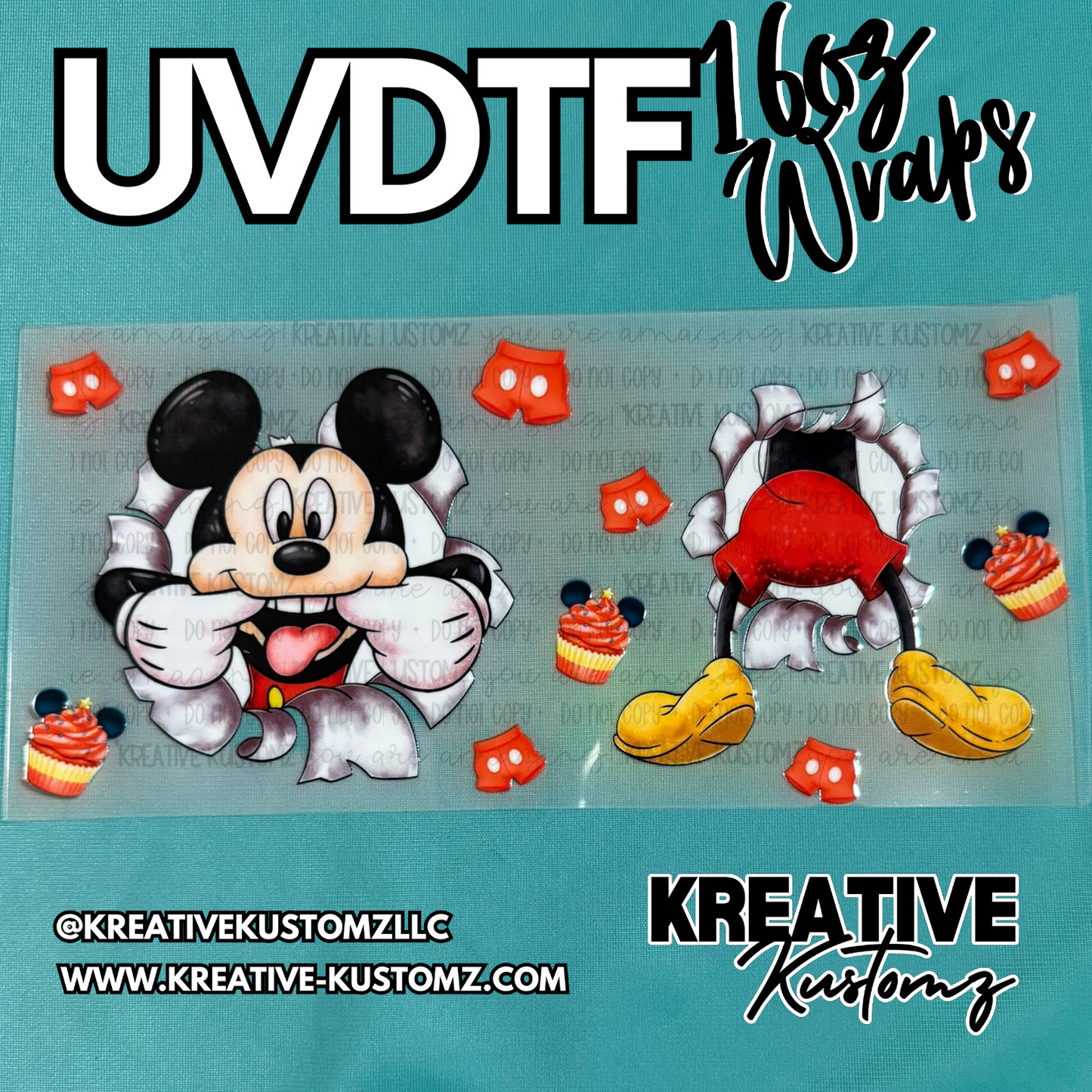 A UV DTF cup wrap featuring Mickey Mouse peeking through torn paper with cupcakes and shorts.