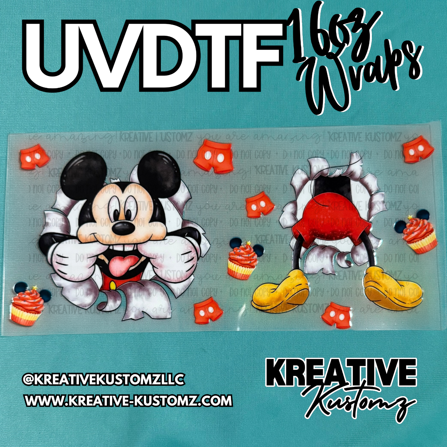 A UV DTF cup wrap featuring Mickey Mouse peeking through torn paper with cupcakes and shorts.
