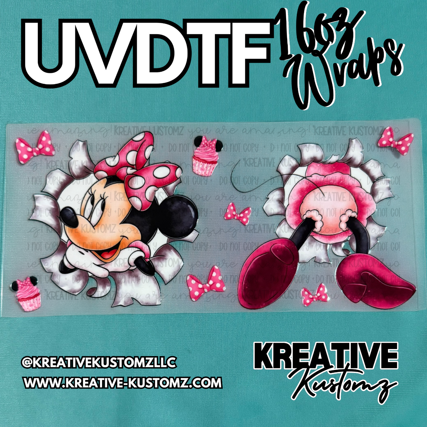 A UV DTF adhesive cup wrap featuring Minnie Mouse peeking through torn paper with pink bows.