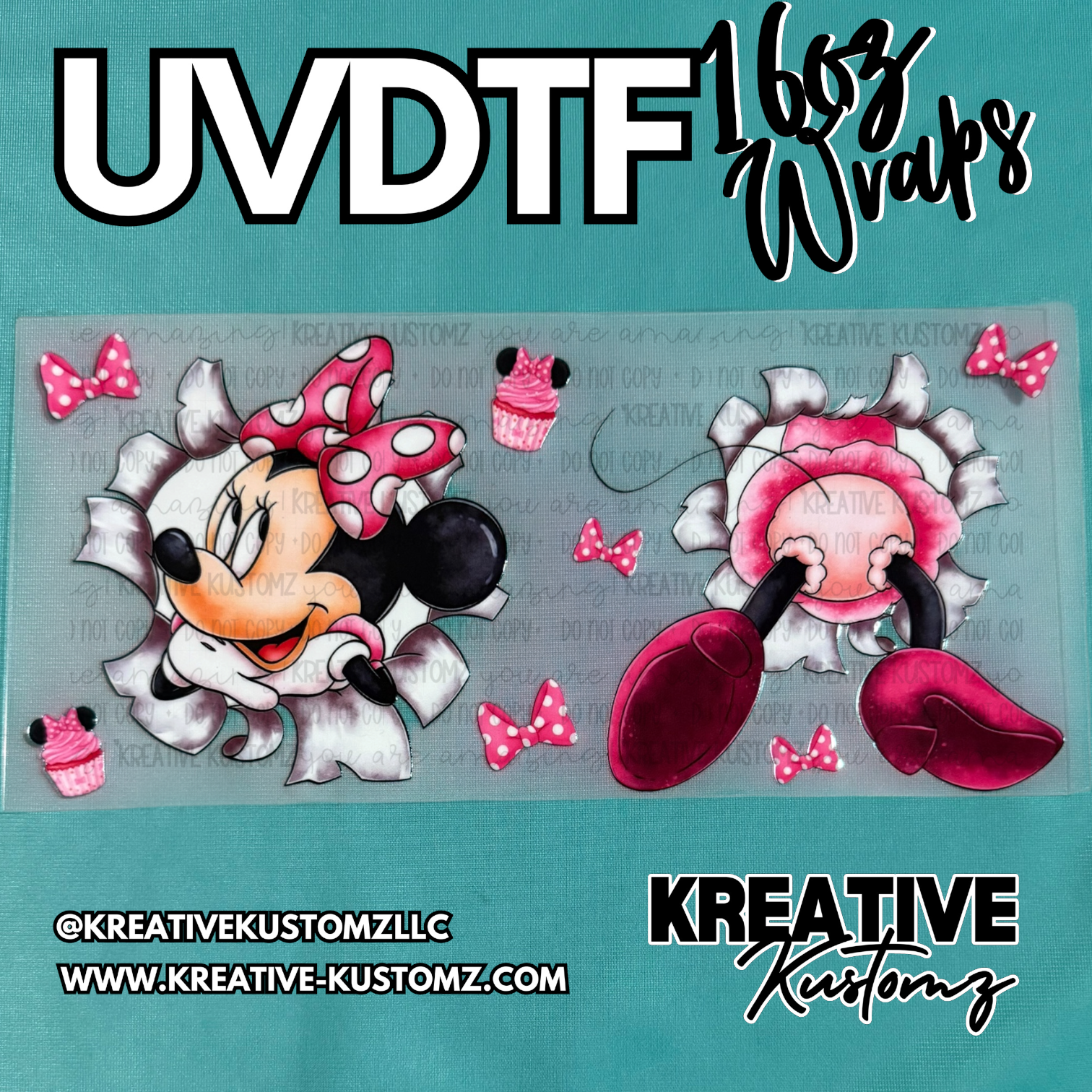 A UV DTF adhesive cup wrap featuring Minnie Mouse peeking through torn paper with pink bows.