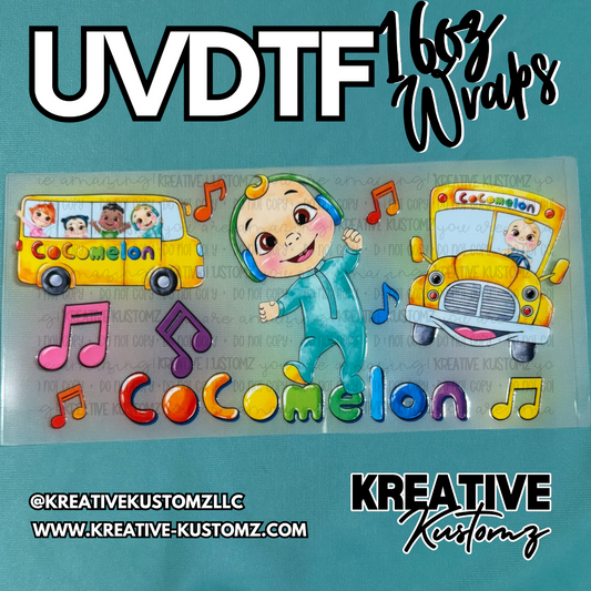 A Cocomelon themed UV DTF adhesive wrap for 16oz glass cups featuring characters and music notes.