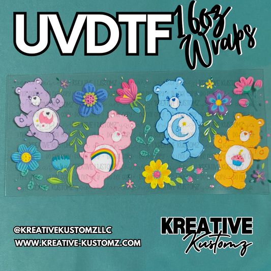 A UV DTF adhesive wrap for 16oz glass cans featuring colorful Care Bears and floral designs.