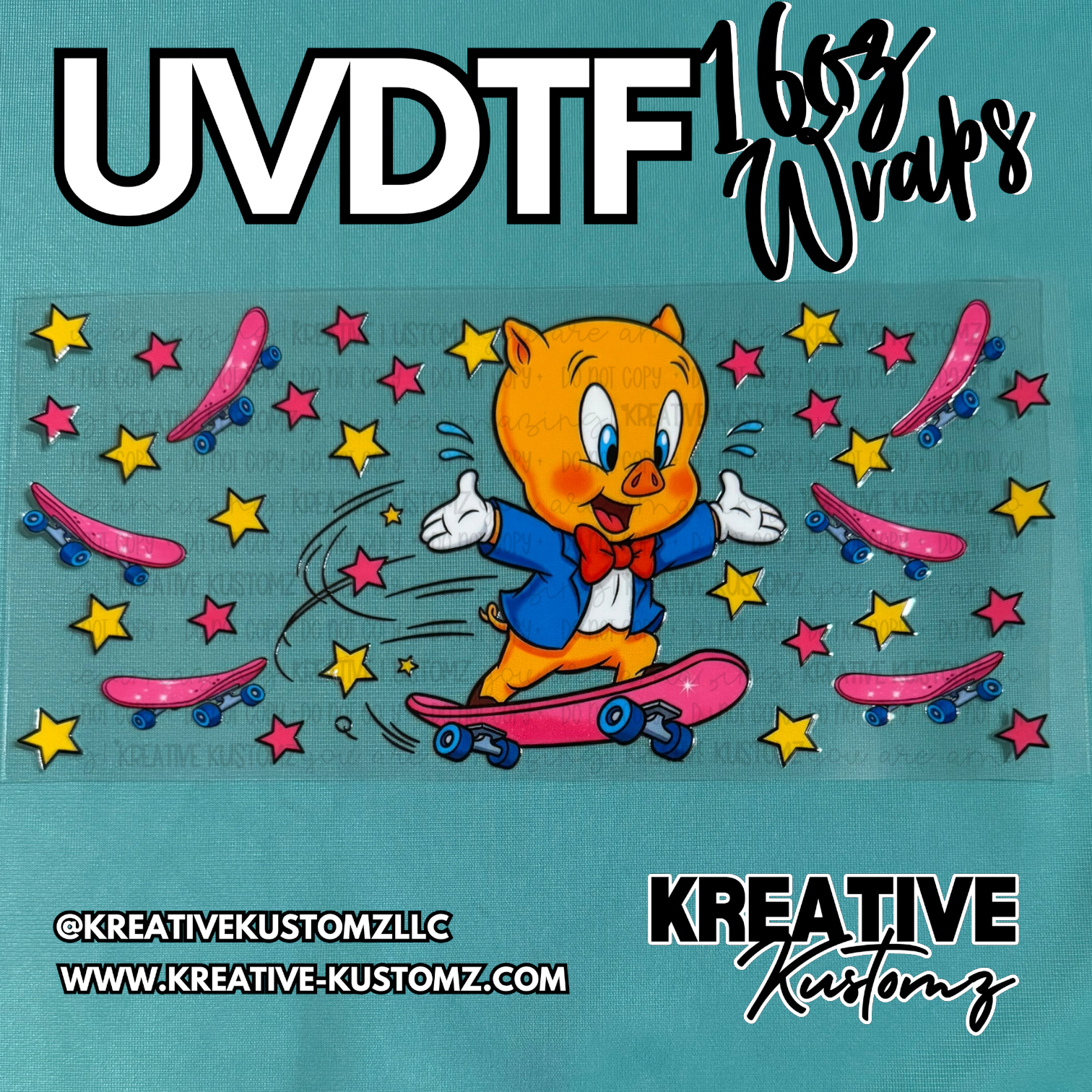 A UV DTF cup wrap featuring Porky Pig skateboarding surrounded by pink skateboards and yellow stars.