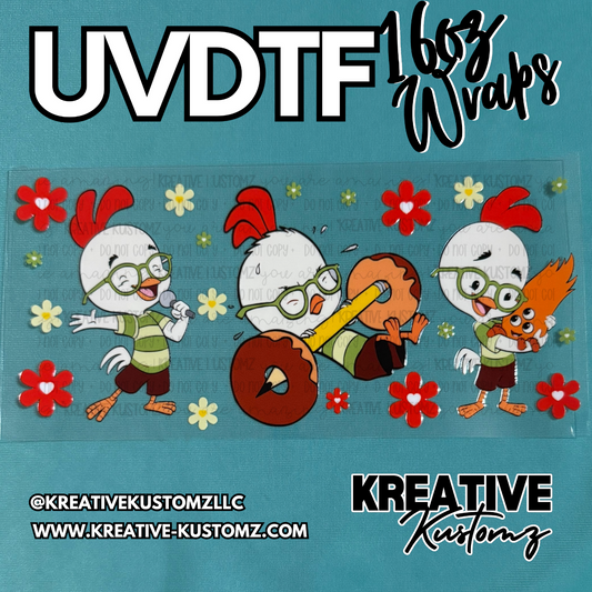 A UV DTF adhesive cup wrap featuring Chicken Little characters and flowers on a clear sheet.