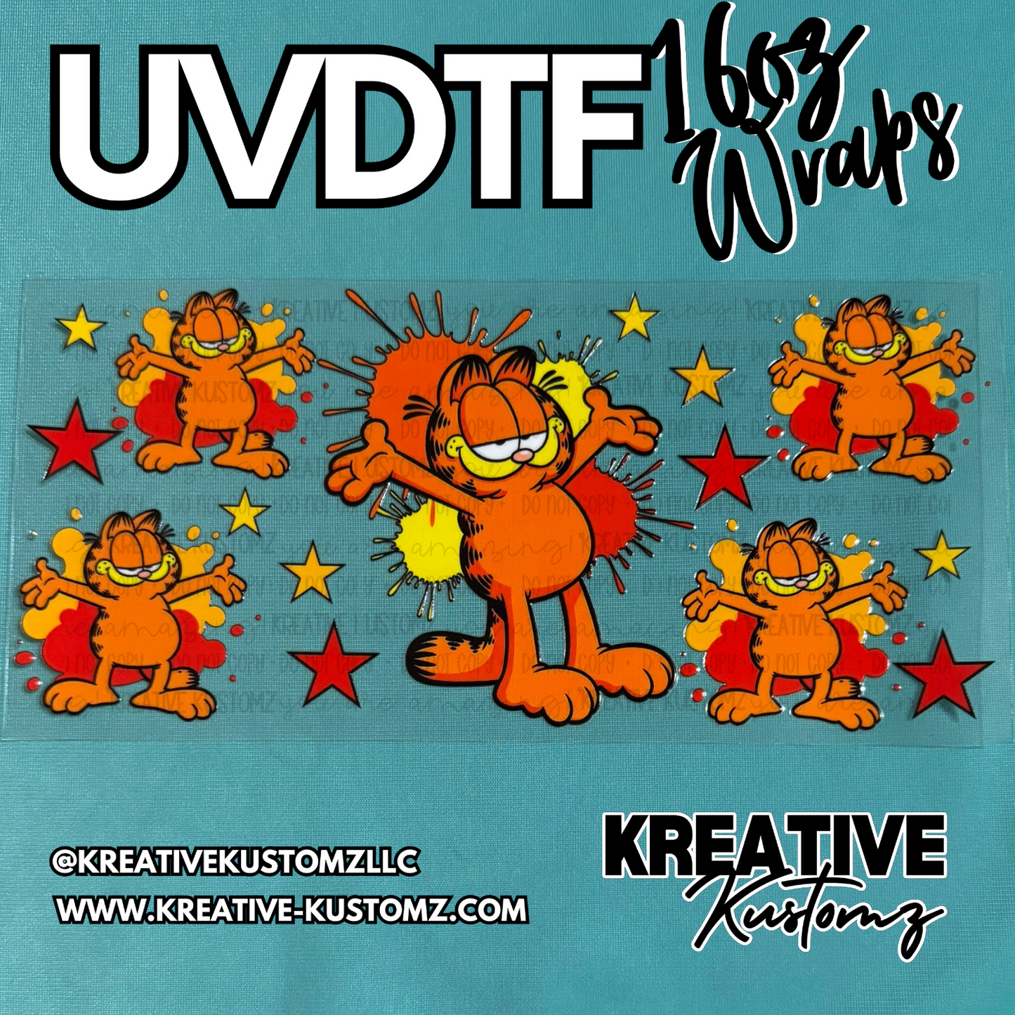 A UV DTF adhesive cup wrap featuring Garfield characters, stars, and paint splatters.