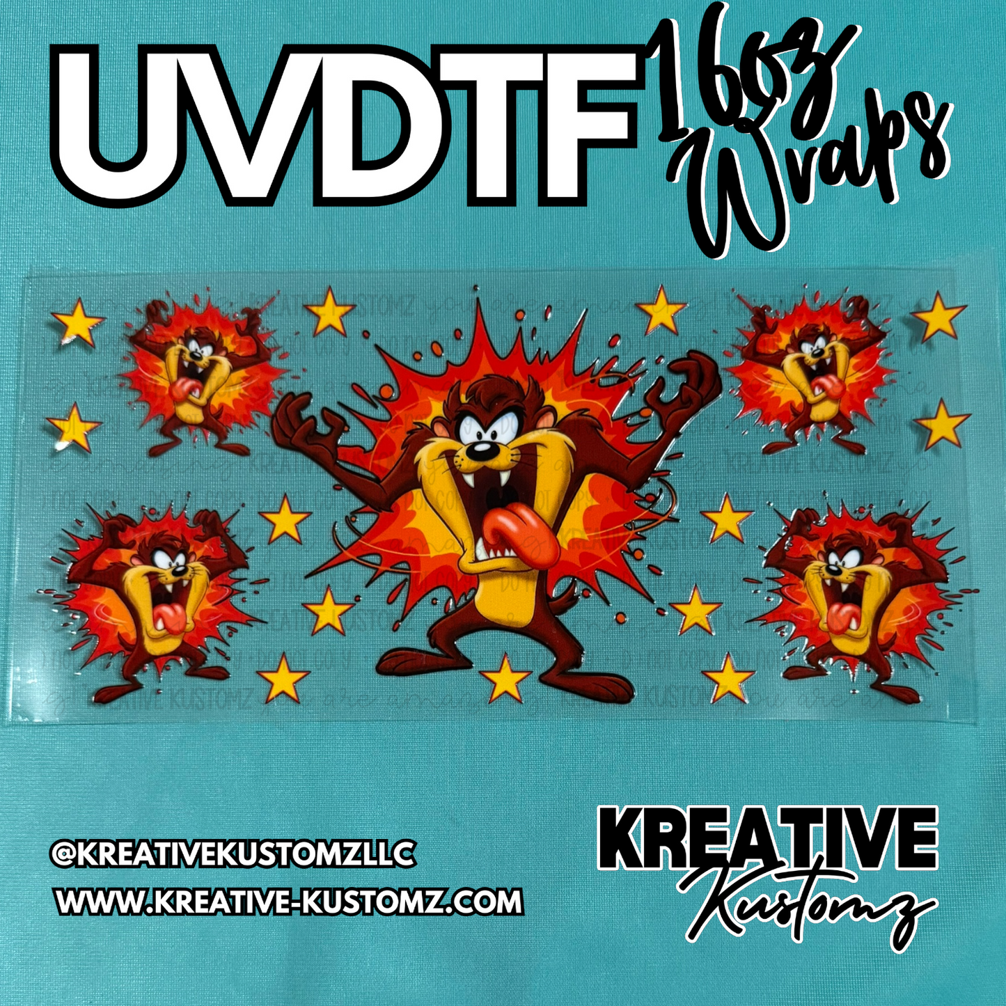 A clear adhesive cup wrap featuring the Tasmanian Devil surrounded by yellow stars.