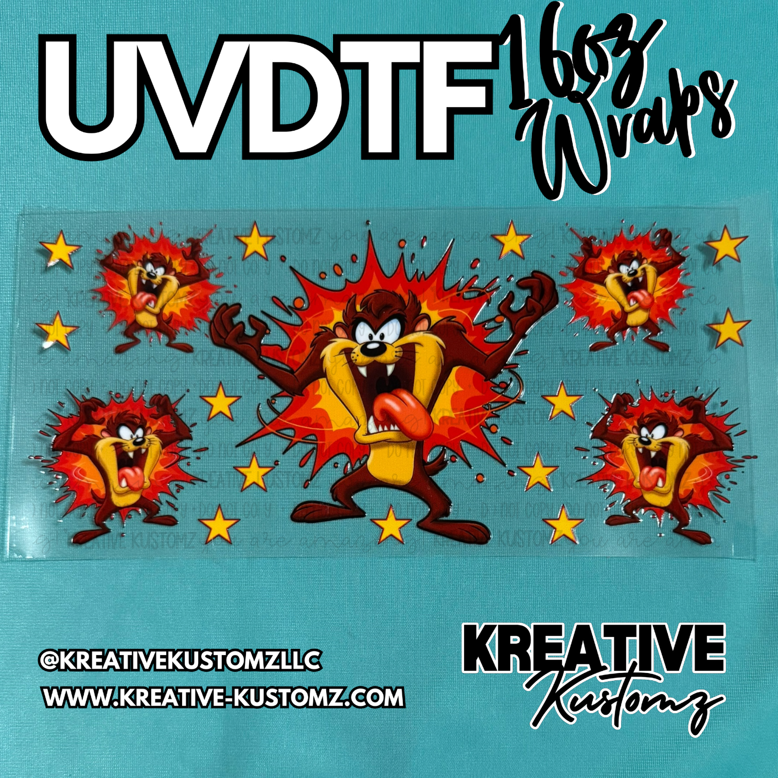 A clear adhesive cup wrap featuring the Tasmanian Devil surrounded by yellow stars.