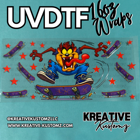 A UV DTF adhesive cup wrap featuring the Tasmanian Devil skateboarding with red stars.