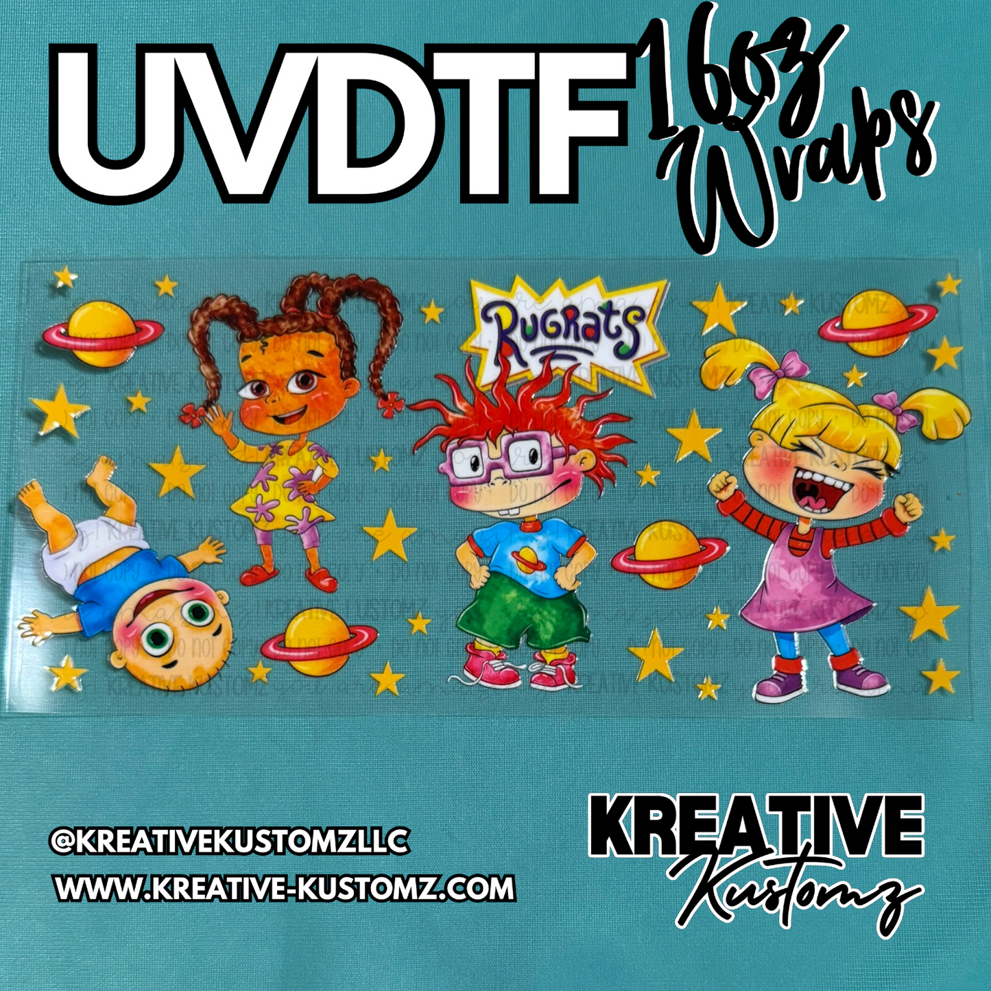 A UV DTF adhesive cup wrap featuring Rugrats characters and stars for 16oz glass cans.