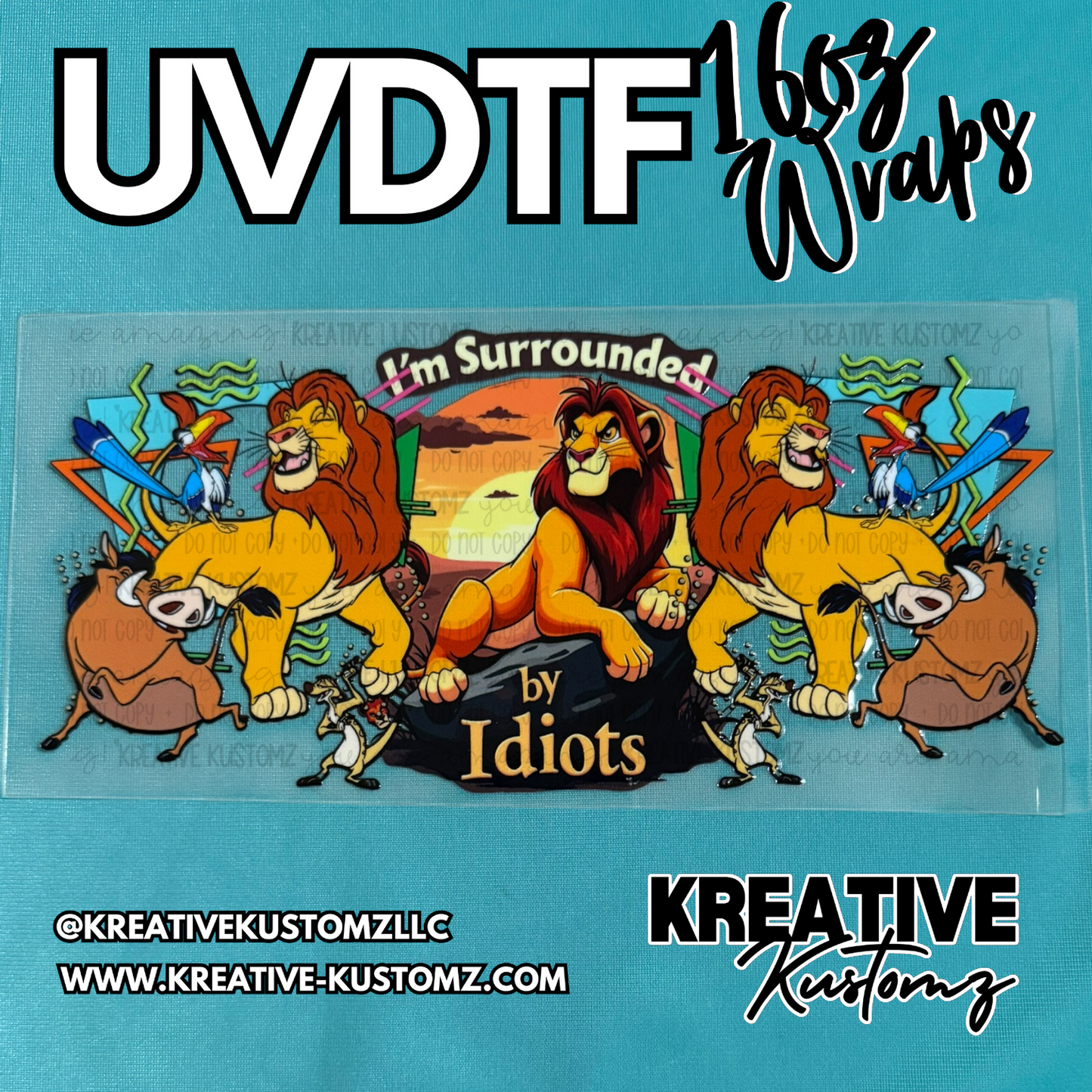 A Lion King themed UV DTF adhesive wrap for a 16oz glass cup featuring Scar and other characters.